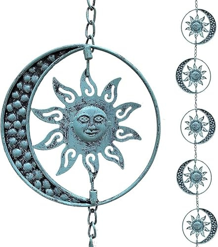 Aifeorzo Sun and Moon Dekorative Regenkette, 2,5 m Regenketten für Dachrinnen, Metall-Gartendekor-Regenspiel, funktionale Ersatz-Fangketten für Außenfallrohre, rotierendes Sonnengesichts-Design