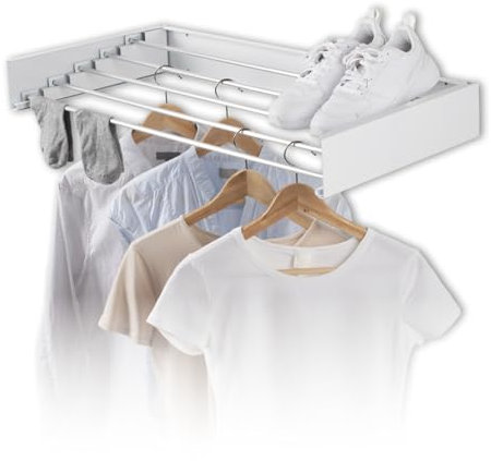 EASYmaxx Stendibiancheria da parete 400, salvaspazio ed estensibile, 80 cm x 40 cm x 10,5 cm, lunghezza 4 m, stendibiancheria per asciugatura senza corrente all'interno e all'esterno