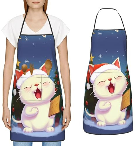 YoupO Küchenschürze mit niedlicher Katze, Weihnachtslieder, bedruckt mit großen Taschen, wasserdichte Arbeitsschürze für Männer und Frauen, Weiss/opulenter Garten, Einheitsgröße