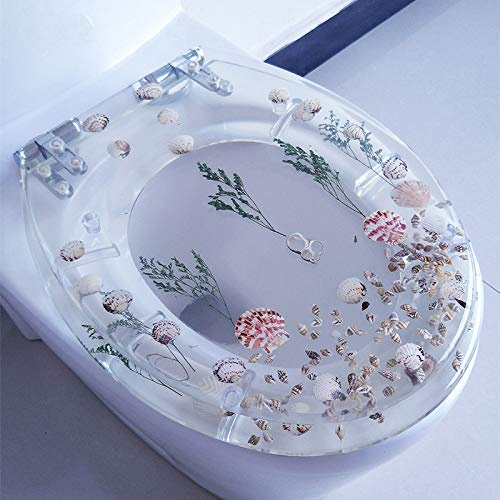 Hygienic & Comfortable Marine Style Transparent Resin Toilet Seat with Seashells, Soft Close, Stainless Steel Hinge - Top Mount, V/O/U Shape Compatible