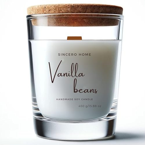 SINCERO HOME Vela Aromática de Soja con Aroma a Vainilla, Mecha de Madera, Ecológica y Hecha a Mano, Crea Ambiente Cálido y Acogedor, Adecuada para Meditación y Regalos