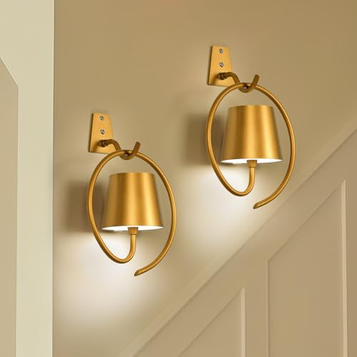 Battery Operated Wall Lights, 2 Pack Rechargeable Wall Light Indoor with 3 Color Temperatures, Dimmable Wireless LED Wall Lamps IP54 Waterproof Wall Sconce Lights for Bedroom, Living Room(Golden)