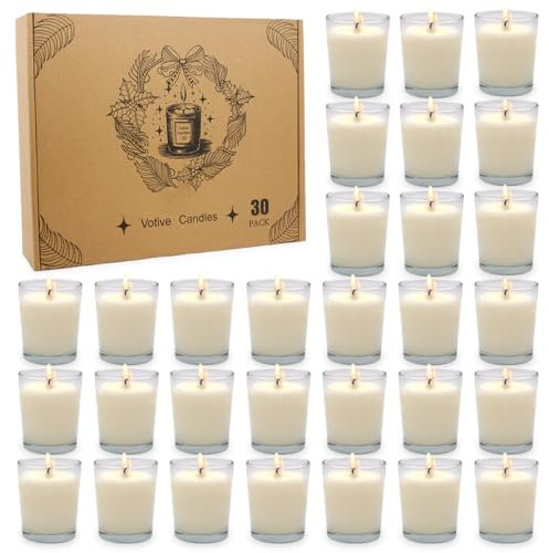 30 Packs Unscented White Votive Candles in Glass, Small Soy Wax Votives for Wedding Party Dinner Table, 1.7 W x 2 H