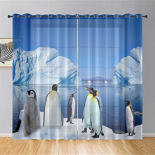 Lukery Vorhänge mit Ösen, Transparent Vorhänge Wohnzimmer 2er Set, Pinguine Motiv Halbtransparent Gardinen Vorhänge Durchsichtig für Fenster Küche Wohnzimmer Landhaus (140x275cm,Eisblau)