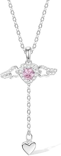 XRDS Silver Angel Wing Necklace with Movable Wings, Pink Zirconia Pendant, Adjustable Pull Chain Jewelry Gift for Women and friends, Ideal Gift for Valentine's Day or Anniversary (Pink Zircon)