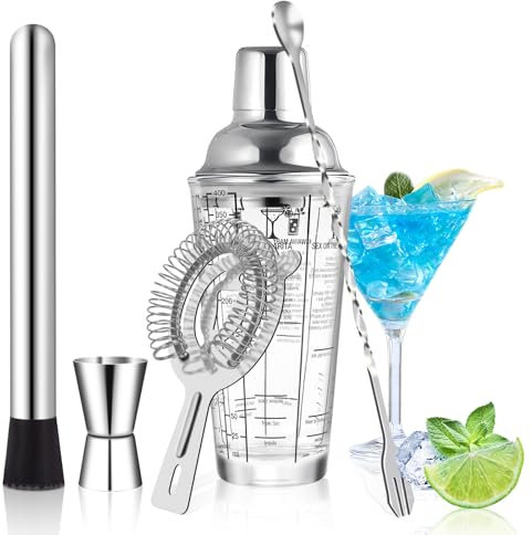 SAVORLIVING Set di shaker da cocktail in vetro da 14 oz, Kit da bartender 6PCS, Martini Mixer Shaker con colino da barista, Set di strumenti da bar professionali per bartender e principianti