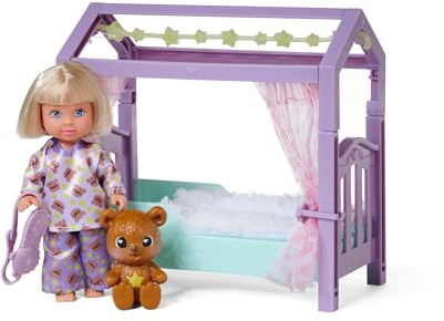 Simba Evi Love Teddy Bed, Spielpuppe im Schlafanzug mit Schlafmaske, Flauschiger Decke, Teddy und Bett mit Glow in The Dark, 12cm, ab 3 Jahren