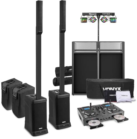 Vonyx Complete VX820 Mobile DJ Setup with Column Array Speakers, Dual CD Mixer, Folding Booth & LED Light System – Professional PA System Package