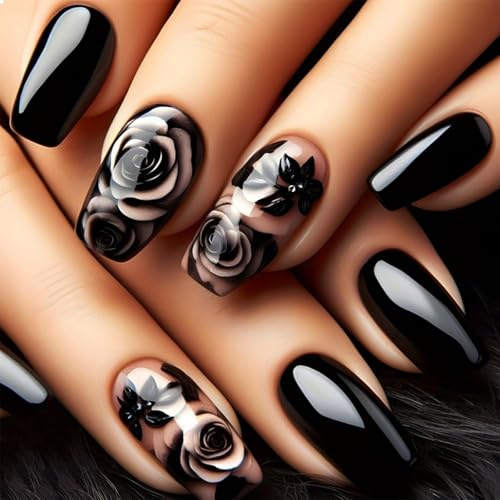 GlamRays - Unghie artificiali press-on per manicure fai da te, finitura lucida, in materiale acrilico, a ballerina, adesive, motivo a fiori, rosa e nero, 24 pezzi