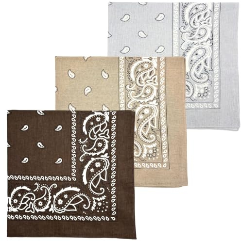 MDSTYLE 3 Pack Extra Large Bandanas 27” x 27” 100% Cotton for Men & Women Paisley Handkerchief Headband Scarf Jumbo Bandana (Brown/Tan/Grey)
