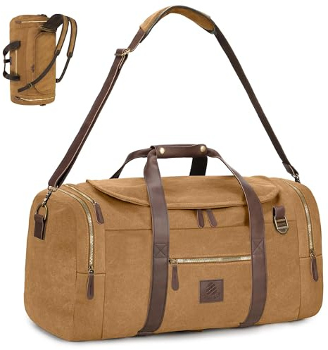 Densata Vintage Canvas Duffle Bag, 50L Echtleder Reise Duffel Rucksack Multifunktionale Übernachtung Weekender Tasche mit Schuhfach Herren (Kaffee), Kaffee, Large-50L, Vintage