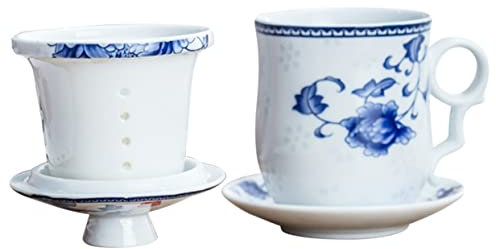 Luxshiny 1ensemble Tasse Céramique Chinoise Avec Filtre De Théière Décorative Tasse à Thé Avec Couvercle Design Élégant Porcelaine Bleue Idéale Pour Amateurs De Thé