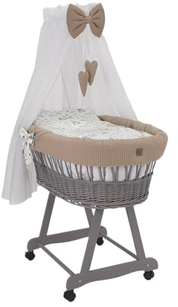 Wiklinopol Stubenwagen aus Weide mit Baldachin und Gestell Lena – Moseskorb in Grau, Komplettset mit 5-TLG. Waffel-Bettwäsche Kaninchen Beige – Mit Rollen, Tragbar, Sicher