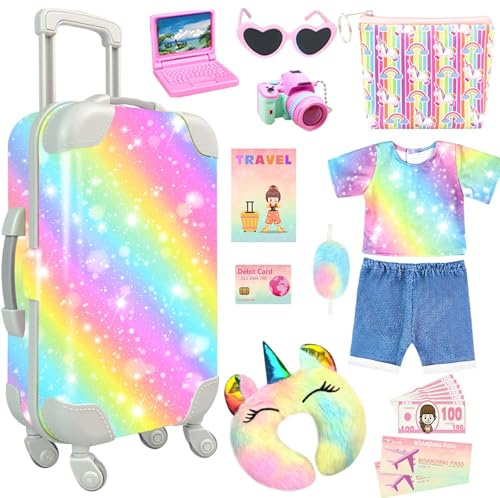 Ensemble d'accessoires de voyage pour poupée de 45,7 cm avec vêtements, appareil photo, sac et robe cadeau pour filles