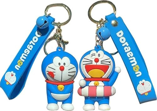 DUYAZHENLAODA 2 pièces Doraemo Porte-clés en silicone mignon avec cloches Cadeau pour les fans d'anime Cadeaux pour les enfants Sac d'école accessoire voiture porte-clés en cadeau de chaîne
