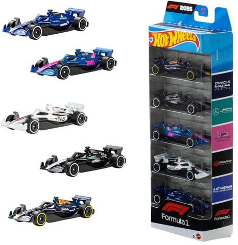 Hot Wheels Formula 1® 5-pack med formgjutna leksaksbilar i skala 1:64, samlarset med 5 officiellt licensierade F1®-tävlingsbilar för lek eller utställning, JLN11