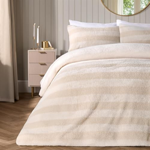 OHS King Size Duvet Cover Set Tufted Boucle Stripe, Christmas Duvet Cover King Size Autumn Winter Warm Comfy Ultra Soft Faux fur Fleece Bedding Set with Pillowcases, Natural
