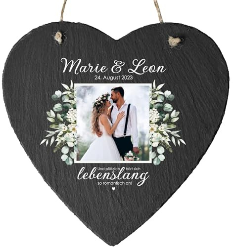 4youDesign | Schieferherz zur Hochzeit „Lebenslang mit Wunschfoto“ – personalisierbar mit Namen & Datum – liebevolles Geschenk aus echter Schieferplatte für Brautpaare & Hochzeitsfeiern