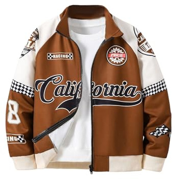 RoseSeek Boy's Graphic Color Block Motorcycle Jackets Full Zip Long Sleeve Athletic Sports Outerwear Brown 9Y