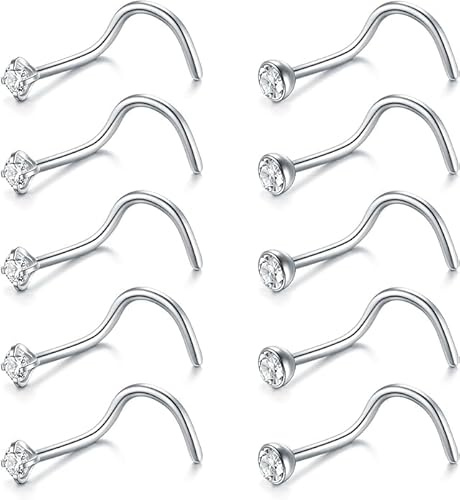 FECTAS 10pcs Nose Ring Screw Nose Stud 18G 20G Corkscrew Nose Piercing Jewellery Stainless Steel 2mm Diamond Silver Gold