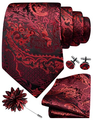 Gusleson Red Tie Set for Men Silk Paisley Necktie Pocket Square Cufflinks and Lapel Pin Brooch Set for Wedding (UK6114-19)