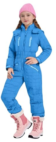 LOSVIP Combinaison de ski thermique pour enfant garçon et fille avec capuche matelassée et fermeture éclair, bleu, 9-10 ans
