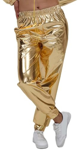Glitzer Hose Damen Silber Metallic Partyhose Holographische Farbe Streetwear Glänzend Hip-Hop Jogginghose Mode Shiny Elastischer Bund Hosen 70er 80er Disco Outfit Nachtclub Clubwear Karneval Kostüm