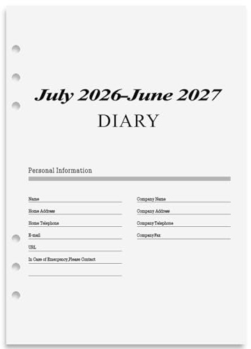 2026 2027 Wochenplaner Einlage A5 6 Löcher, Terminplaner Julio 2026- Junio 2027 mit Monatsplaner, Personal Organizer, Kontakt, Tagebuch Nachfüllen 100 GSM Kalendereinlage