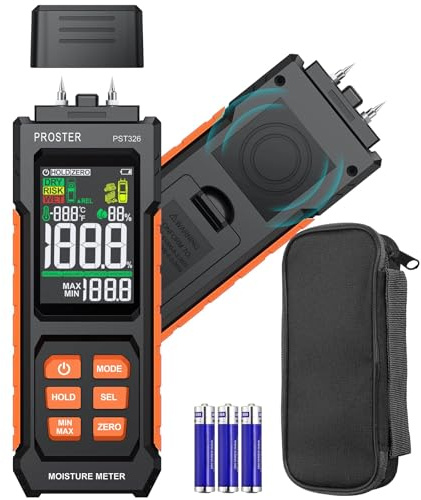 Proster Moisture Meter 2 in 1 Pin & Pinless Moisture Tester Digital LCD Display Dampness Detector for Wood Drywall Masonry Building Materials, Water Leak Detector for Home Inspection, DIY Woodworking