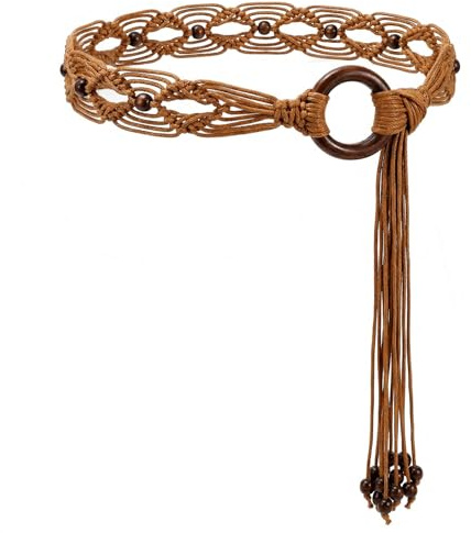 WHIPPY Boho Geflochtener Gürtel für Damen mit handgewebtem Wachsseil Landhaus-Quastengürtel für Kleider, 5 cm breit, Braun, 125cm