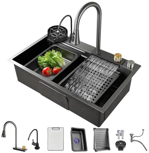 Evier Cuisine 1 bac Inox 60 x 46 x 20cm Professionnel Lavabo Acier Inoxydable Robinet et Lave-Tasses Intégrés, Planche à Découper & Robinet Extractiblen Haute Pression Noir Fonctionnement Silencieux