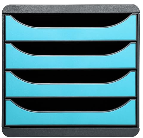 Exacompta 310782D Premium Ablagebox mit 4 Schubladen für DIN A4+ Dokumente. Belastbare Schubladenbox mit hoher Kapazität für mehr Platz auf dem Schreibtisch Big Box Iderama Schwarz|Türkis