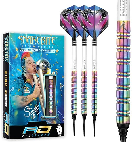 RED DRAGON Darts – Peter Wright Snakebite 1 Series 16g Fass / 18g Volles Gewicht – 85% Wolfram– Profi Dartpfeile Weicher Spitze mit Dart Flüge und Schäften