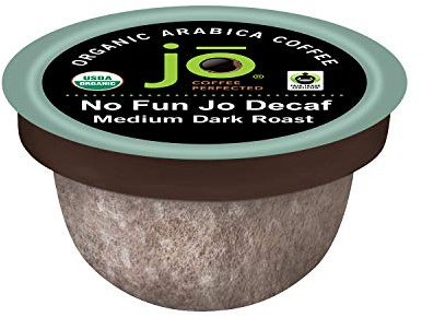 No Fun Jo Decaf: 12 Organic Compostable Pods for Keurig K-Cup Compatible Brewers, Swiss Water Process Eco-Friendly Single Serve Coffee Medium/Dark Roast Fair Trade, Chemical Free by Jo Coffee®