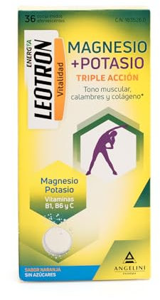 LEOTRON Magnesio + Potasio - 36 comprimidos efervescentes - Triple acción: Tono muscular, calambres y colágeno - Agradable sabor a naranja - Envase para 36 días. A partir de 12 años.
