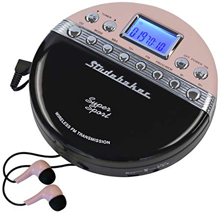 Studebaker SB3705PB Super Sport Lettore CD portatile riproduce CD in modalità wireless tramite autoradio include radio FM stereo e auricolari stereo coordinati a colori