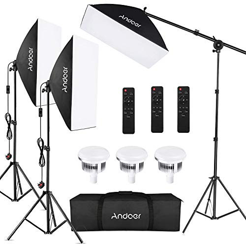 Andoer Softbox Photography Lighting Kit Professional Studio Equipment with 20x28 Softbox, 2800-5700K 85W Bi-color Temperature Bulb with Remote, Light Stand, Boom Arm for Portrait Product Shooting