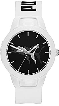 Puma Reloj Reset para mujer, movimiento de cuarzo con correa de poliuretano, silicona, piel o acero inoxidable, Blanco y negro