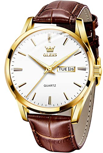 OLEVS Herrenuhren Braune Schwarz Lederarmband Quarz Uhr Männer mit Wochentag Datum Wasserdicht Leuchtende Klassische Elegantes Armbanduhr Geschenk