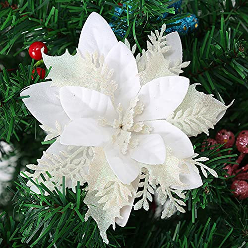 GL-Turelfies 12 fiori di Natale glitterati 15 cm, con 12 clip di Natale artificiali a forma di stella di Natale, per albero di Natale, decorazioni per albero di Natale (Bianco)