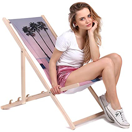 DreamRoots Liegestuhl klappbar Buchenholz, Palms City | Klappliegestuhl Holz, Buchenholz, bis 130 kg, 3-fach verstellbar, waschbarer Polyesterbezug, für Garten & Terrasse