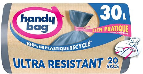 Handy Bag - Sacchetti per la spazzatura con pratico legame ultra resistenti, 30 l x 20 sacchetti - Fondo a prova di perdite - Massima tenuta - Pratica legata alla parte superiore della borsa - 100%