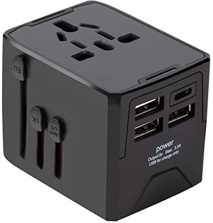 GUNGY Reiseadapter Weltweit Steckdosenadapter Universal Reisestecker mit 3 USB 1 USB-C Anschlüsse und AC Steckdose Travel Adapter für USA Europa UK Australien 150 Länder Schwarz