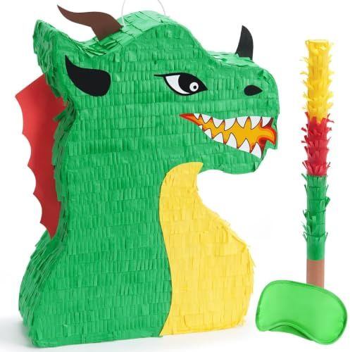 WERNNSAI Dragon Pinata - Décorations de Fête Dragon Ensemble Vert Pinata svec Bandeau et Bâton Fournitures de Fête Dinosaures Jeu De Fête D'Anniversaire Pour Garçons Décorations de Carnaval
