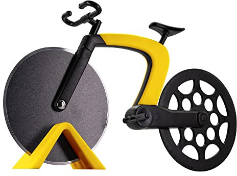 Aijohnny Fahrrad Pizzaschneider Rad mit Halterung, Robuste Fahrradform 2,4 Zoll Edelstahl Pizzamesser, Mattierte Oberfläche Antihaft & Scharfe Klingen, Pizzaschneider Lustiges Küchenutensil (Gelb)