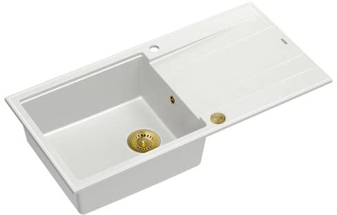 QUADRON Evier Blanc + Or Pvd | Taille 100 x 50 x 21 cm | Granit Evier en granit EVAN 146 XL Evier simple de cuisine | avec siphon manuel et égouttoir | 1 bassin évier encastré
