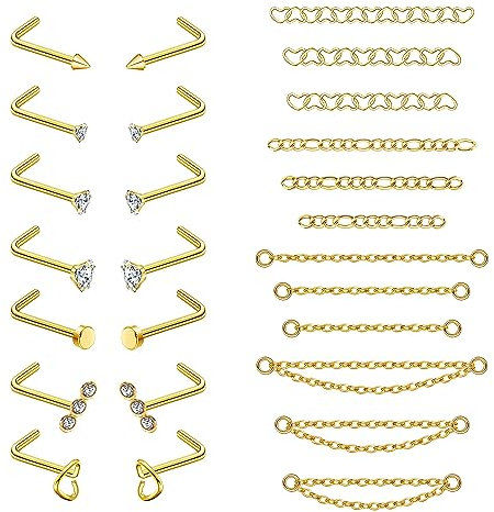 Adramata 26Pcs 20G Nasenpiercing Stecker Chirurgenstahl Nasenring mit Nasenkette für Doppel Nasenpiercing CZ Nasenstecker Gold Silber Nostril Piercing für Damen Herren