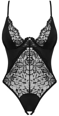 Selente Love & Fun verführerisches Damen Dessous-Set aus Ouvert-Body & Satin-Augenbinde, Schwarz-florale Spitze-Ouvert, Gr. XS-S