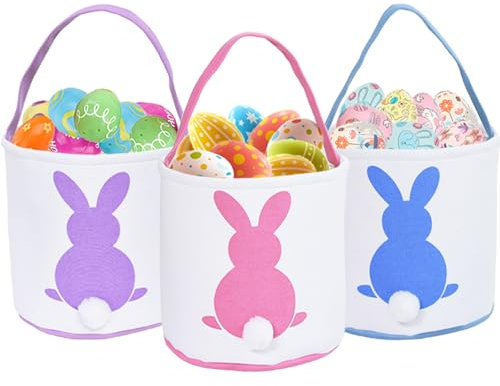 GugnRyAc 3 Pcs Easter Bunny Basket - Canvas Cotton Easter Eggs Basket with Fluffy Tails - Perfect for Girls & Boys Easter Egg Hunts - Easter Baskets for Kids (Pink, Purple, Blue)