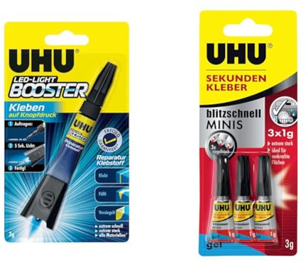UHU LED-Light Booster, Kleben auf Knopfdruck - lichtaktivierter Reparatur-Klebstoff, 3 g & Sekundenkleber blitzschnell Minis gel, 3x original versiegelte Tuben Sekundenkleber gel, 3 x 1 g